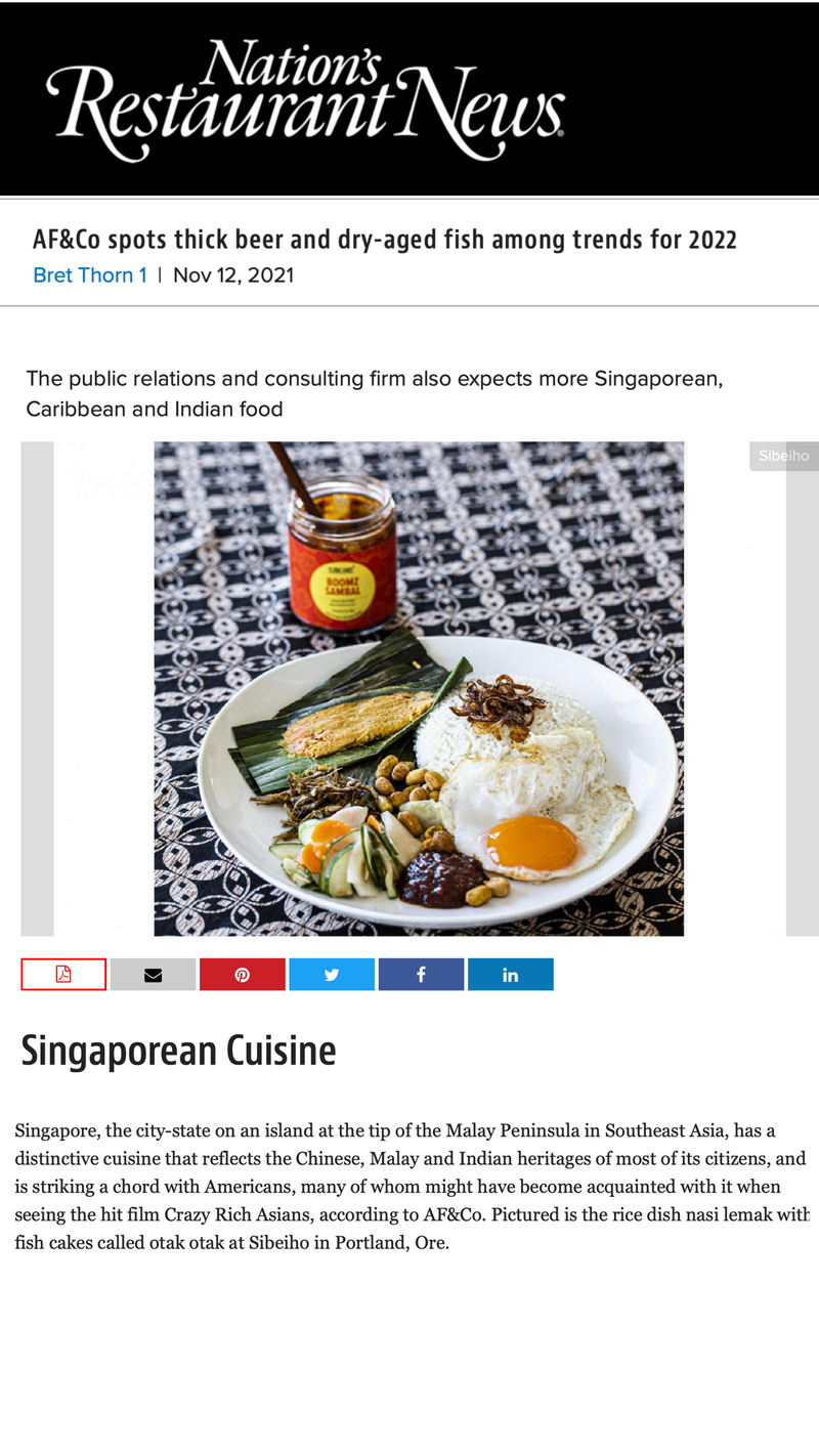 Singapore Sibeiho Sambal featured in Nation's Restaurant News. Nasi Lemak with Boomz Sambal
