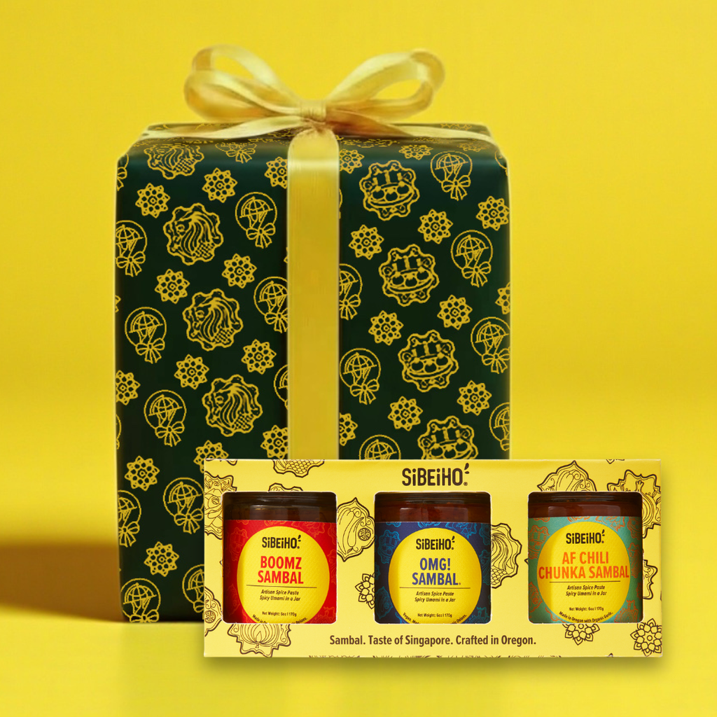 Singaporean sambal trio gift set with chili sauces. Crafted in Oregon. Zero Food Print Gift Guide