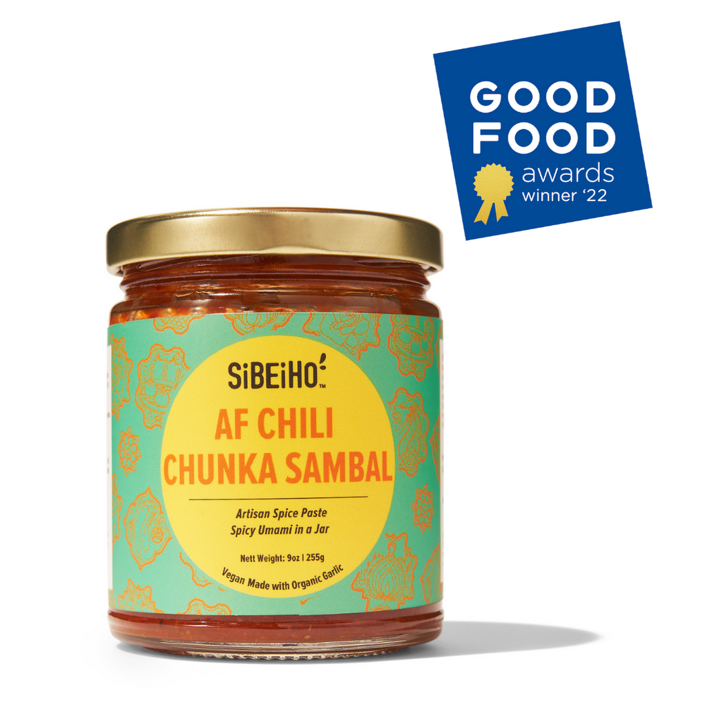Photo of a jar of Sibeiho's Good Food Awards Winner Sibieho AF Chili Chunka Sambal. Singaporean Sambal. Vegan Sambal. Artisan Spice Paste. Hainanese Chicken Rice. Singapore Malaysian Food. Spicy hot sauce. As featured on Bon Appetit & Eater. Makes a great gift.